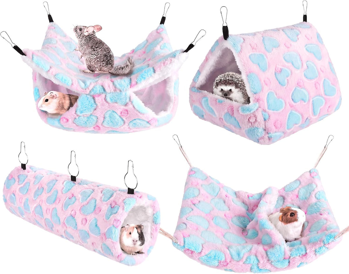 4 Pieces Small Pets Cage Accessories Hanging Hammock Sleeping Bag Tunnel and Bed Hideout Set Warm Sleep Nap Sack Bed for Hamster Ferret Squirrel Rabbit, Pink Hearts