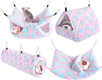 4 Pieces Small Pets Cage Accessories Hanging Hammock Sleeping Bag Tunnel and Bed Hideout Set Warm Sleep Nap Sack Bed for Hamster Ferret Squirrel Rabbit, Pink Hearts