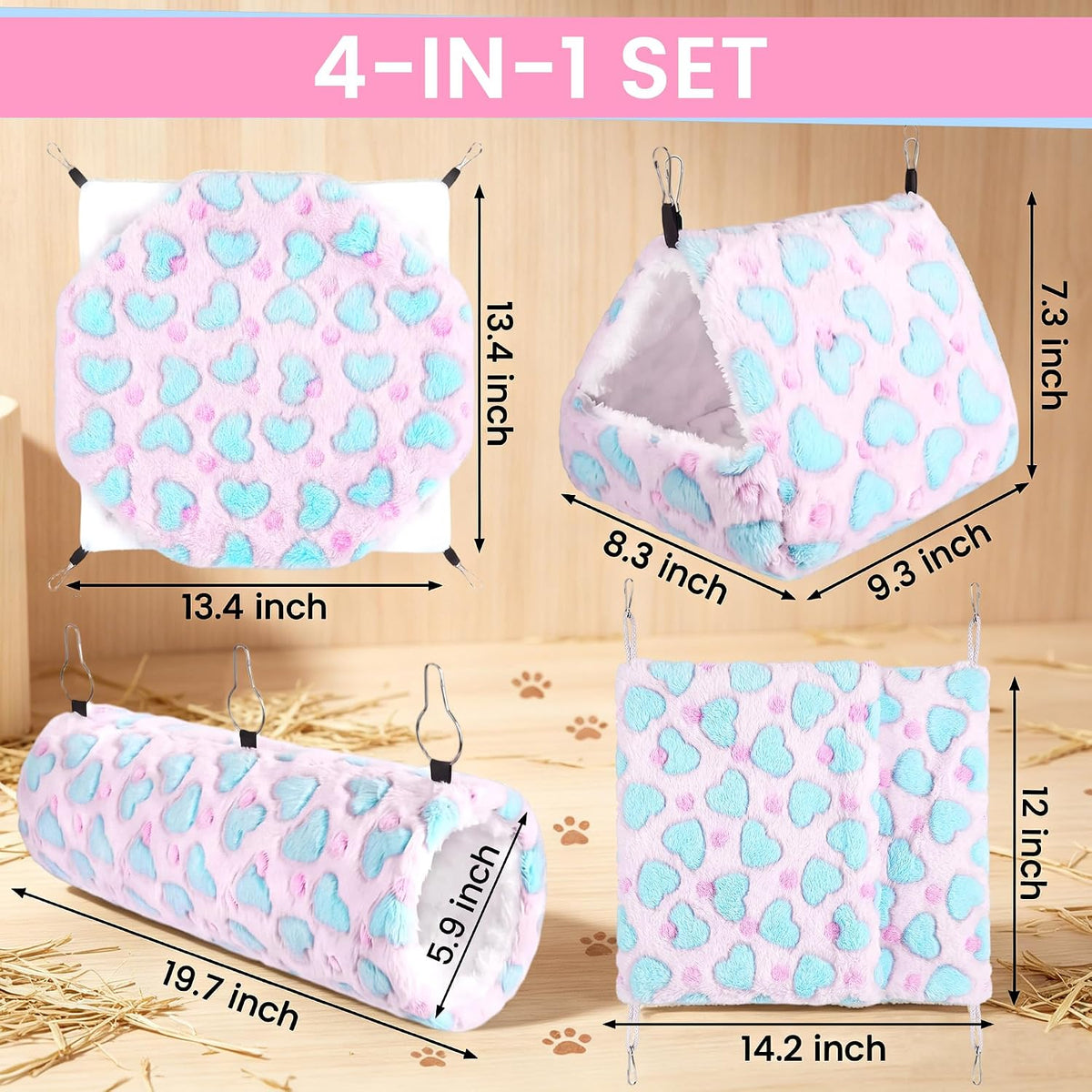 4 Pieces Small Pets Cage Accessories Hanging Hammock Sleeping Bag Tunnel and Bed Hideout Set Warm Sleep Nap Sack Bed for Hamster Ferret Squirrel Rabbit, Pink Hearts