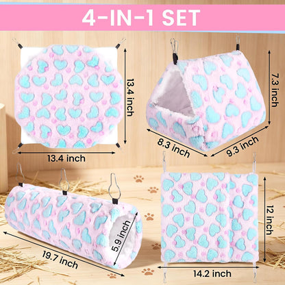 4 Pieces Small Pets Cage Accessories Hanging Hammock Sleeping Bag Tunnel and Bed Hideout Set Warm Sleep Nap Sack Bed for Hamster Ferret Squirrel Rabbit, Pink Hearts