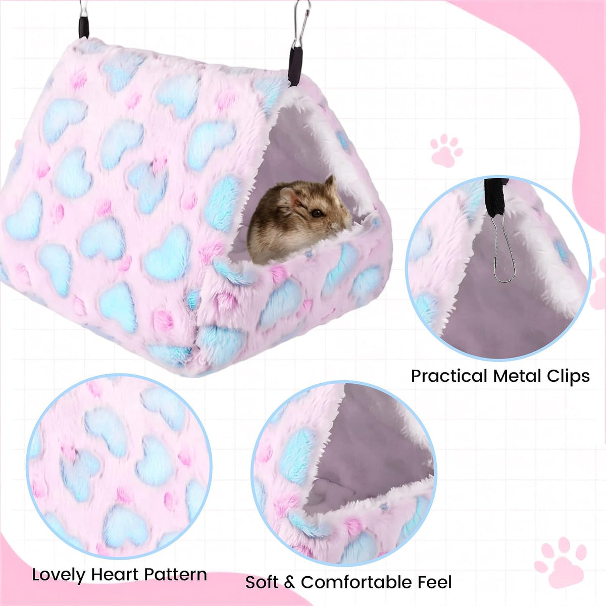 4 Pieces Small Pets Cage Accessories Hanging Hammock Sleeping Bag Tunnel and Bed Hideout Set Warm Sleep Nap Sack Bed for Hamster Ferret Squirrel Rabbit, Pink Hearts