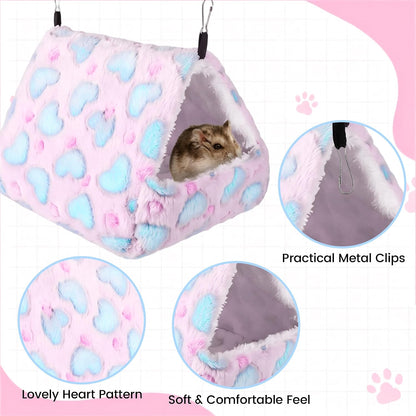 4 Pieces Small Pets Cage Accessories Hanging Hammock Sleeping Bag Tunnel and Bed Hideout Set Warm Sleep Nap Sack Bed for Hamster Ferret Squirrel Rabbit, Pink Hearts