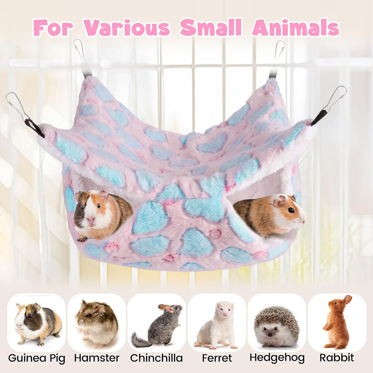 4 Pieces Small Pets Cage Accessories Hanging Hammock Sleeping Bag Tunnel and Bed Hideout Set Warm Sleep Nap Sack Bed for Hamster Ferret Squirrel Rabbit, Pink Hearts