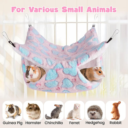 4 Pieces Small Pets Cage Accessories Hanging Hammock Sleeping Bag Tunnel and Bed Hideout Set Warm Sleep Nap Sack Bed for Hamster Ferret Squirrel Rabbit, Pink Hearts