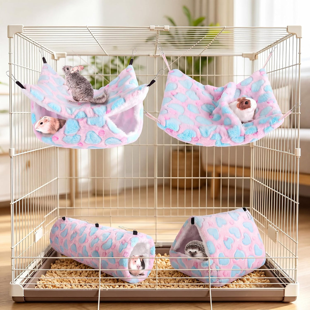 4 Pieces Small Pets Cage Accessories Hanging Hammock Sleeping Bag Tunnel and Bed Hideout Set Warm Sleep Nap Sack Bed for Hamster Ferret Squirrel Rabbit, Pink Hearts
