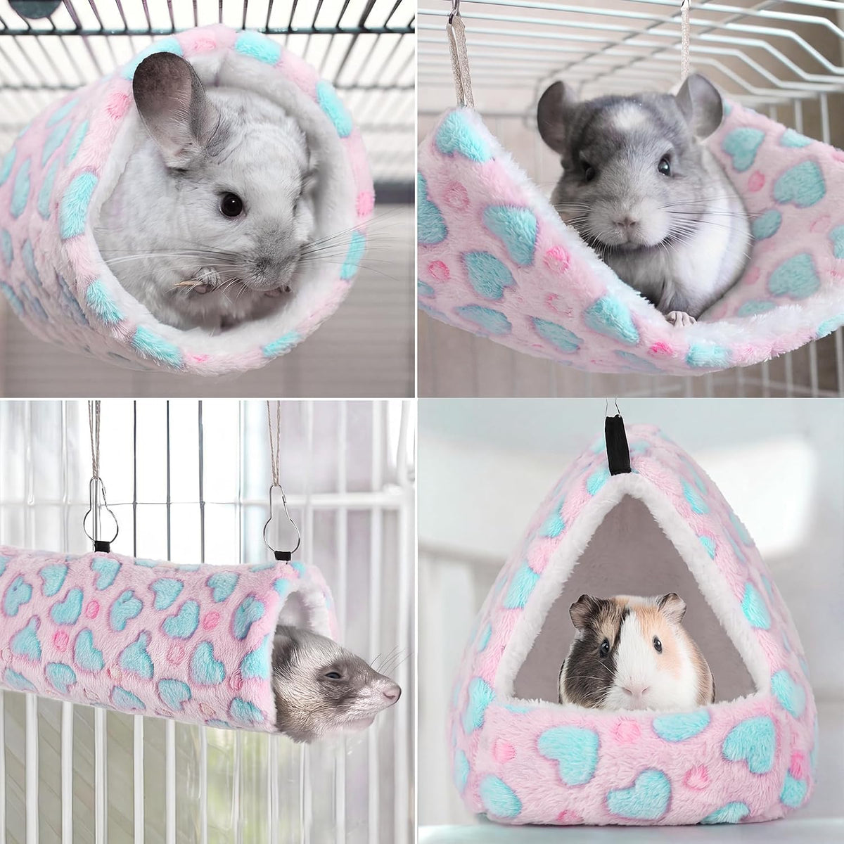 4 Pieces Small Pets Cage Accessories Hanging Hammock Sleeping Bag Tunnel and Bed Hideout Set Warm Sleep Nap Sack Bed for Hamster Ferret Squirrel Rabbit, Pink Hearts