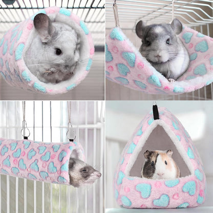 4 Pieces Small Pets Cage Accessories Hanging Hammock Sleeping Bag Tunnel and Bed Hideout Set Warm Sleep Nap Sack Bed for Hamster Ferret Squirrel Rabbit, Pink Hearts