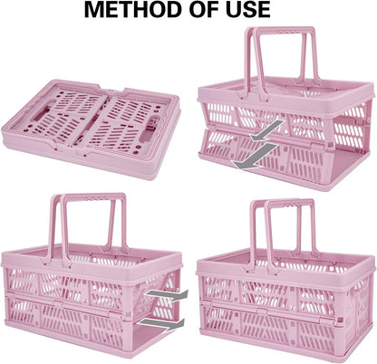 crates for storage,plastic baskets for organizing,collapsible shopping basket,foldable crate with Handles,collapsible storage crate,car basket,for Kitchen,Bathroom,Medicine.small,Pink