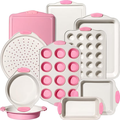 22 PCS Nonstick Baking Pans Set, Stackable Bakeware Sets with Silicone Handles, 450°F Oven Safe Baking Sheet Set, Easy Release Cookie Sheets for Baking, Pink