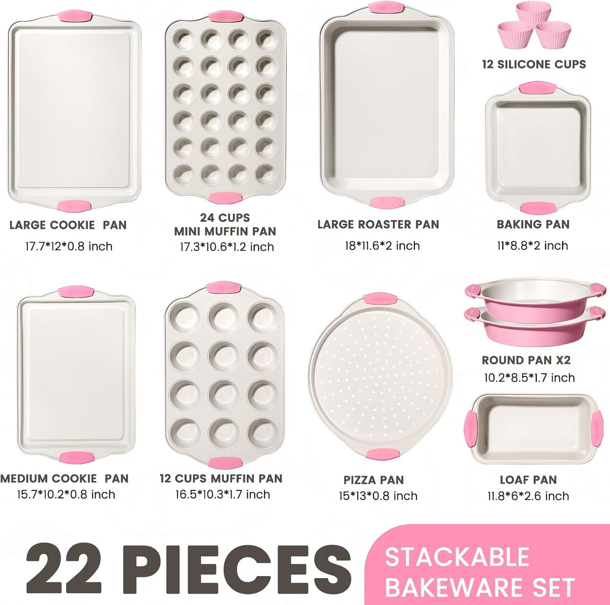 22 PCS Nonstick Baking Pans Set, Stackable Bakeware Sets with Silicone Handles, 450°F Oven Safe Baking Sheet Set, Easy Release Cookie Sheets for Baking, Pink