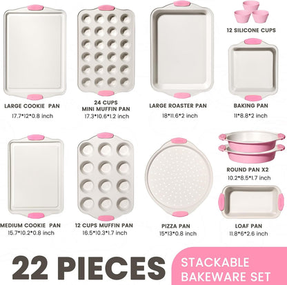 22 PCS Nonstick Baking Pans Set, Stackable Bakeware Sets with Silicone Handles, 450°F Oven Safe Baking Sheet Set, Easy Release Cookie Sheets for Baking, Pink