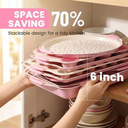 22 PCS Nonstick Baking Pans Set, Stackable Bakeware Sets with Silicone Handles, 450°F Oven Safe Baking Sheet Set, Easy Release Cookie Sheets for Baking, Pink
