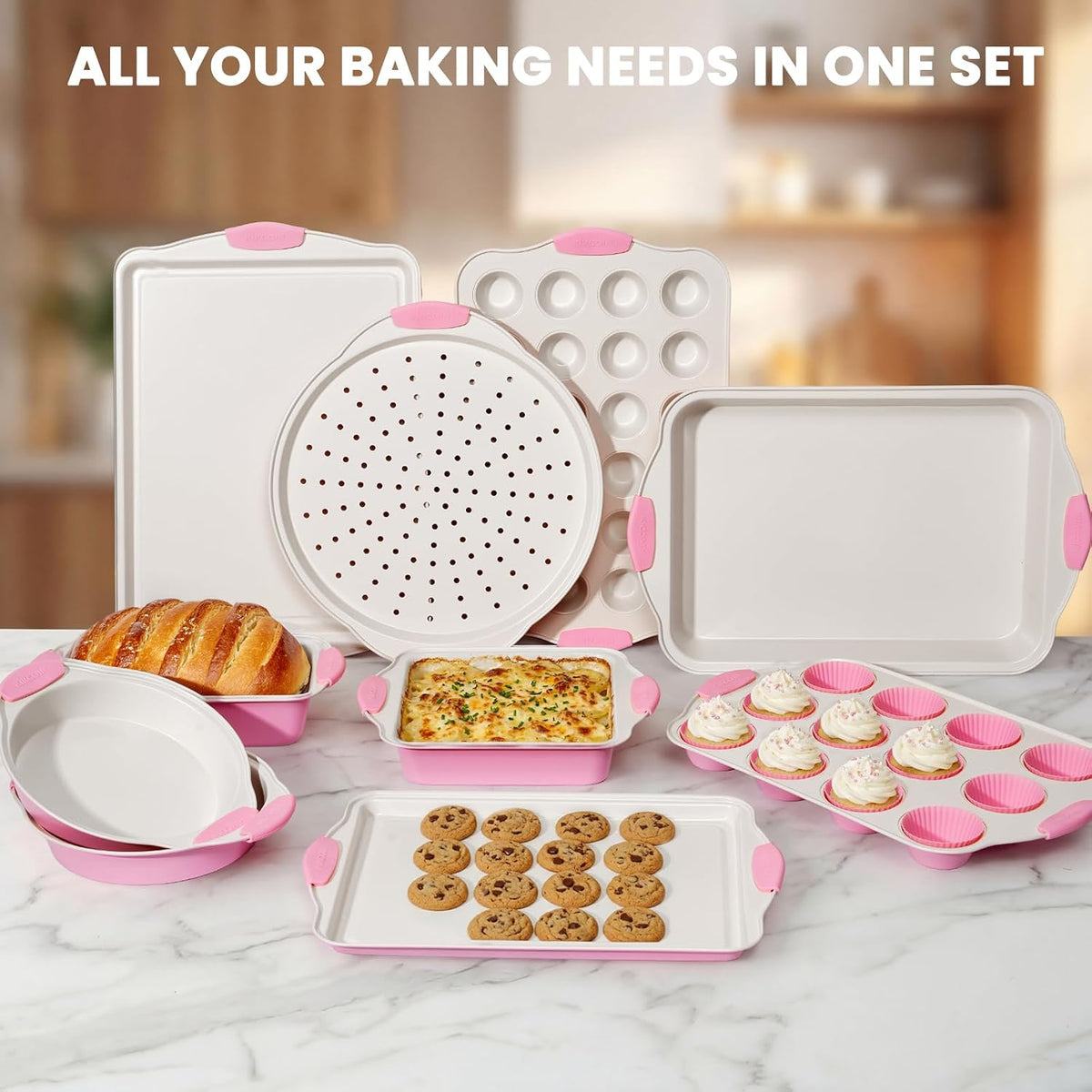 22 PCS Nonstick Baking Pans Set, Stackable Bakeware Sets with Silicone Handles, 450°F Oven Safe Baking Sheet Set, Easy Release Cookie Sheets for Baking, Pink
