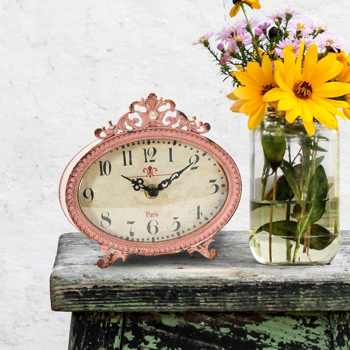 Distressed Pewter Mantel Clock, Pink