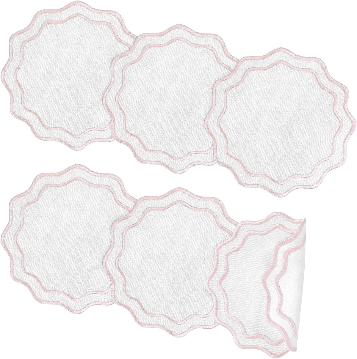 Set of 6 Pink Cotton Linen Coasters 5.5 Inch Embroidery Scalloped Coasters Floral Drink Mats for Table Decor Washable Fabric Cup Mats for Wedding Tea Party Festival Spring Holiday Entertaining