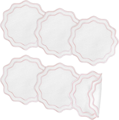 Set of 6 Pink Cotton Linen Coasters 5.5 Inch Embroidery Scalloped Coasters Floral Drink Mats for Table Decor Washable Fabric Cup Mats for Wedding Tea Party Festival Spring Holiday Entertaining