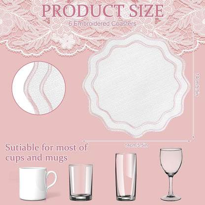 Set of 6 Pink Cotton Linen Coasters 5.5 Inch Embroidery Scalloped Coasters Floral Drink Mats for Table Decor Washable Fabric Cup Mats for Wedding Tea Party Festival Spring Holiday Entertaining