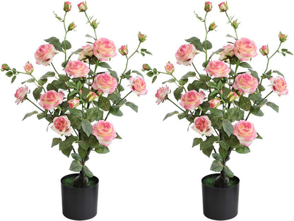 2Pcs Artificial Rose Plants 25'' Fake Silk Rose Flower Trees for Home Decor