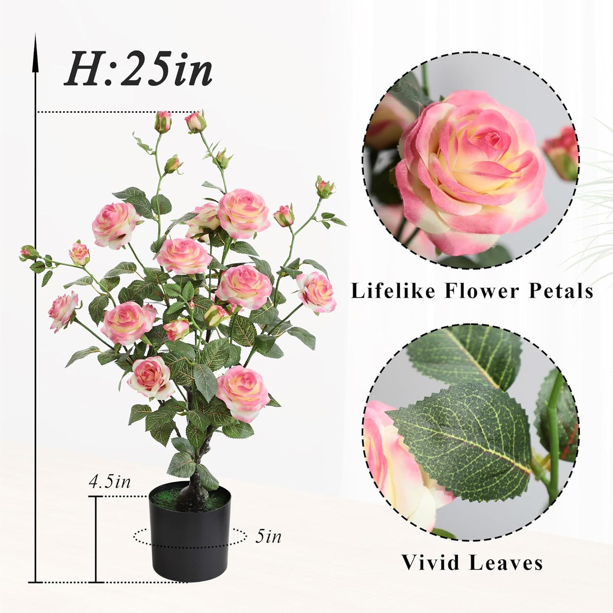 2Pcs Artificial Rose Plants 25'' Fake Silk Rose Flower Trees for Home Decor