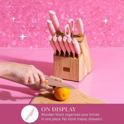 Paris Hilton 12-Piece Knife Set with Block, High-Carbon Stainless Steel Cutlery, Precision Blades and Ergonomic Handles Kitchen Knife Set, Pink