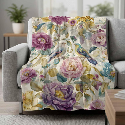 Spring Flowers Fleece Blanket, Vintage Pink Purple Flower Bird Waterproof Leaf Super Soft Fleece Throw Blanket Cozy Warm Fluffy Flannel Blanket Home Decor Throws for Couch Bed Sofa, 30x40 inches
