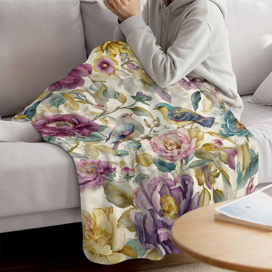 Spring Flowers Fleece Blanket, Vintage Pink Purple Flower Bird Waterproof Leaf Super Soft Fleece Throw Blanket Cozy Warm Fluffy Flannel Blanket Home Decor Throws for Couch Bed Sofa, 30x40 inches