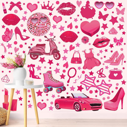 116 Pcs Hot Pink Girl Wall Stickers, Princess Doll Lip Heart Room Decor for Girls Bedroom, Removable Pink Wall Decor, Pink Girls Decorations Decals Sticker, 11.4 x 8.3 Inch, 6 Sheets