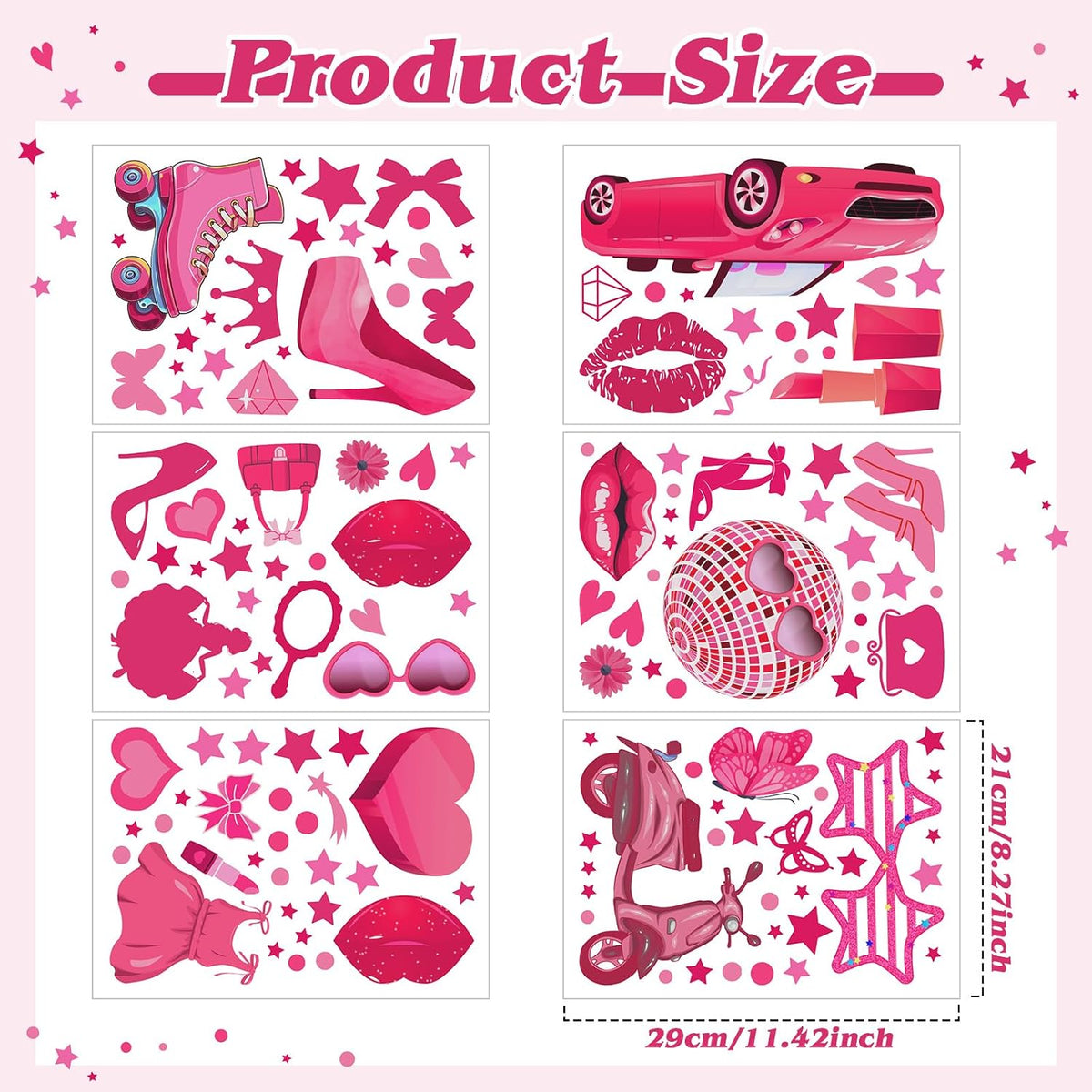 116 Pcs Hot Pink Girl Wall Stickers, Princess Doll Lip Heart Room Decor for Girls Bedroom, Removable Pink Wall Decor, Pink Girls Decorations Decals Sticker, 11.4 x 8.3 Inch, 6 Sheets
