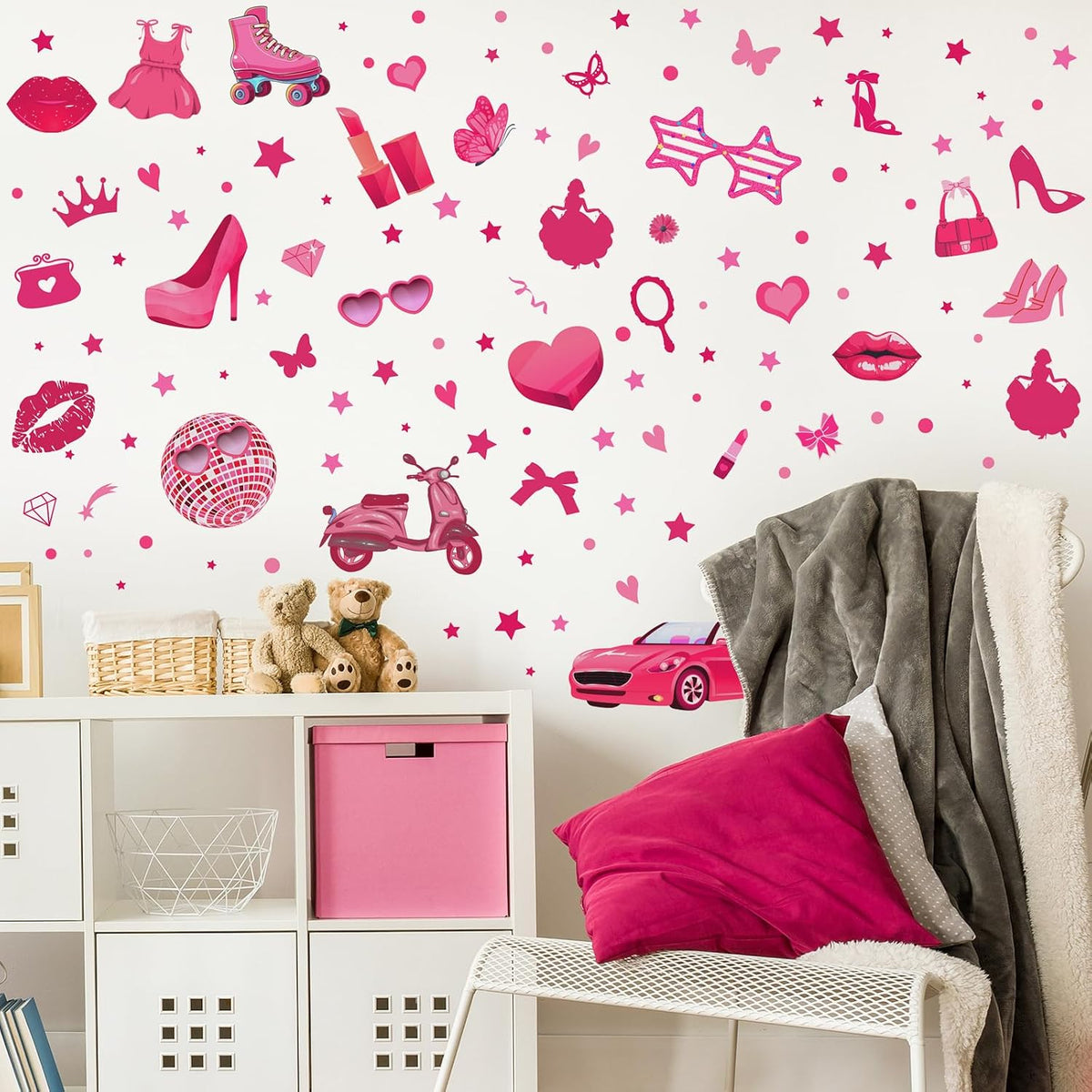 116 Pcs Hot Pink Girl Wall Stickers, Princess Doll Lip Heart Room Decor for Girls Bedroom, Removable Pink Wall Decor, Pink Girls Decorations Decals Sticker, 11.4 x 8.3 Inch, 6 Sheets