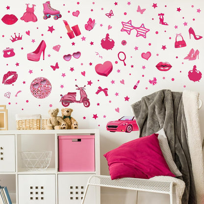 116 Pcs Hot Pink Girl Wall Stickers, Princess Doll Lip Heart Room Decor for Girls Bedroom, Removable Pink Wall Decor, Pink Girls Decorations Decals Sticker, 11.4 x 8.3 Inch, 6 Sheets