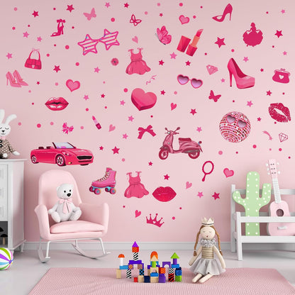 116 Pcs Hot Pink Girl Wall Stickers, Princess Doll Lip Heart Room Decor for Girls Bedroom, Removable Pink Wall Decor, Pink Girls Decorations Decals Sticker, 11.4 x 8.3 Inch, 6 Sheets