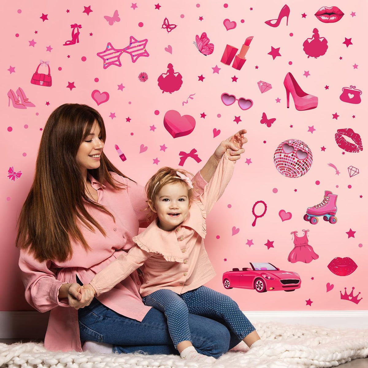 116 Pcs Hot Pink Girl Wall Stickers, Princess Doll Lip Heart Room Decor for Girls Bedroom, Removable Pink Wall Decor, Pink Girls Decorations Decals Sticker, 11.4 x 8.3 Inch, 6 Sheets