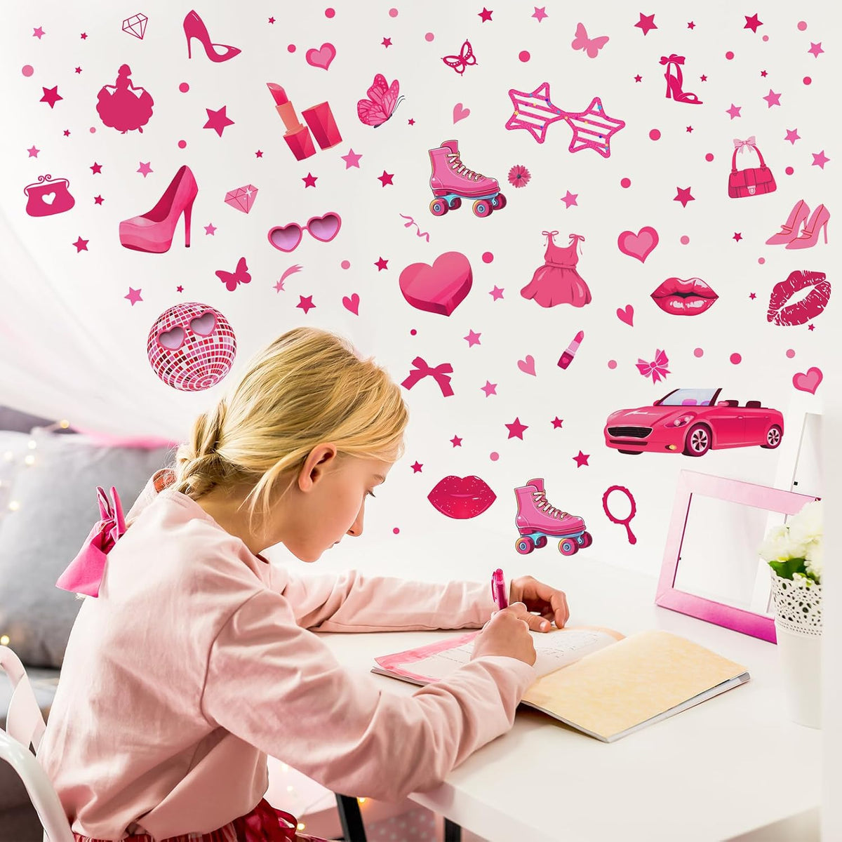 116 Pcs Hot Pink Girl Wall Stickers, Princess Doll Lip Heart Room Decor for Girls Bedroom, Removable Pink Wall Decor, Pink Girls Decorations Decals Sticker, 11.4 x 8.3 Inch, 6 Sheets