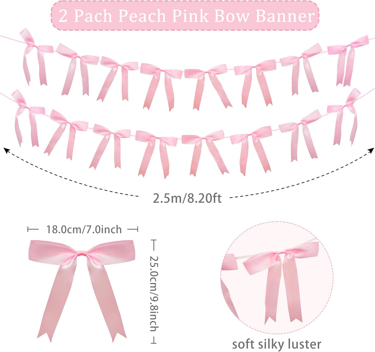 2pcs Pink Bow Garland Banner, Satin Ribbon Decorations