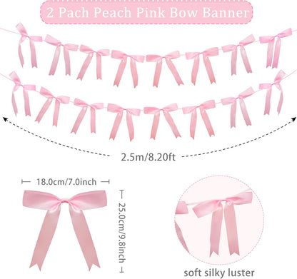 2pcs Pink Bow Garland Banner, Satin Ribbon Decorations