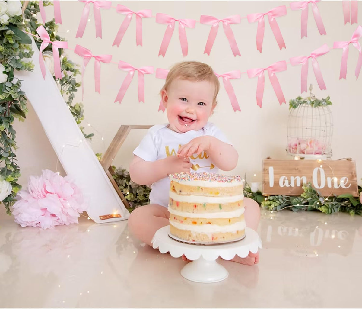 2pcs Pink Bow Garland Banner, Satin Ribbon Decorations
