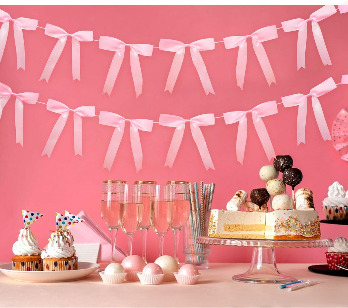 2pcs Pink Bow Garland Banner, Satin Ribbon Decorations