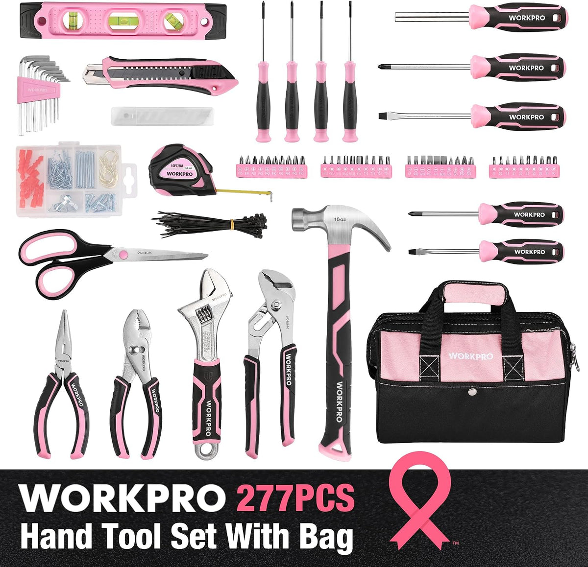 277PCS Pink Tool Set, Portable Home Repairing Tool Kit for Women