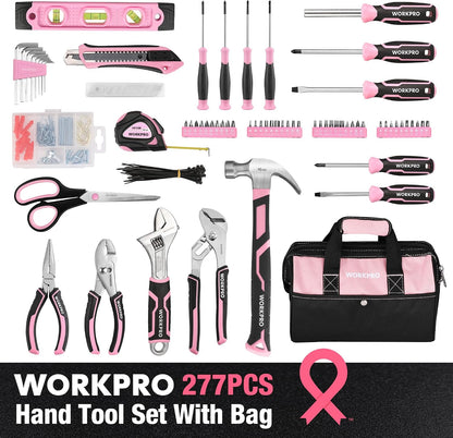 277PCS Pink Tool Set, Portable Home Repairing Tool Kit for Women