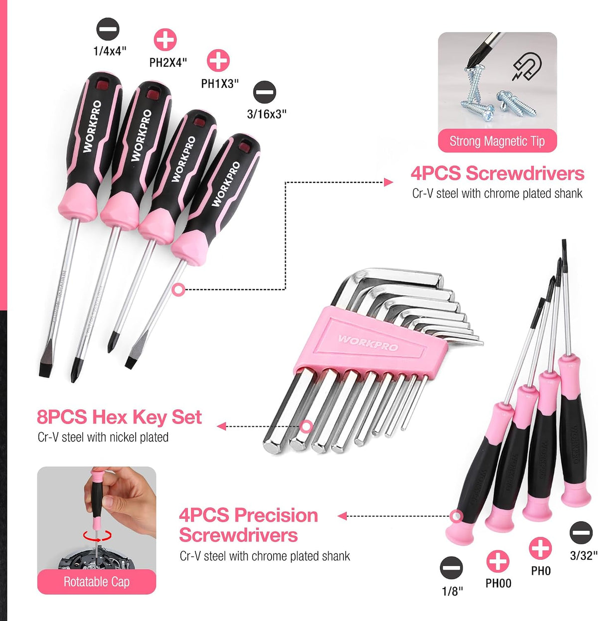 277PCS Pink Tool Set, Portable Home Repairing Tool Kit for Women