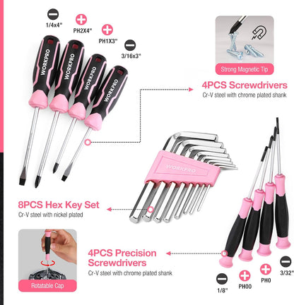 277PCS Pink Tool Set, Portable Home Repairing Tool Kit for Women