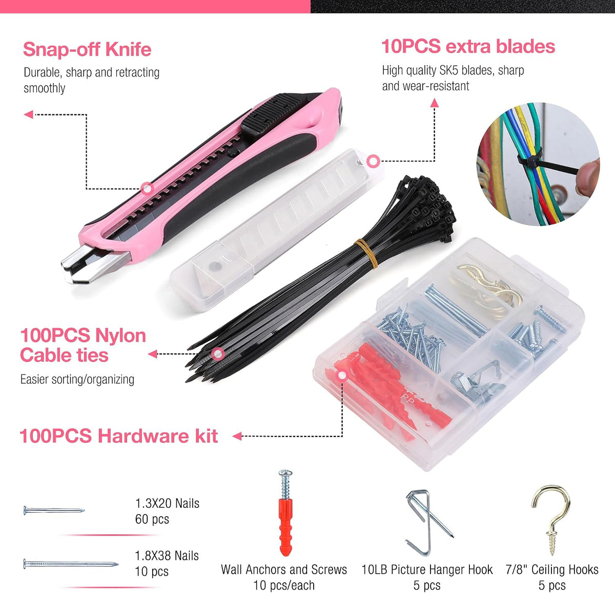 277PCS Pink Tool Set, Portable Home Repairing Tool Kit for Women