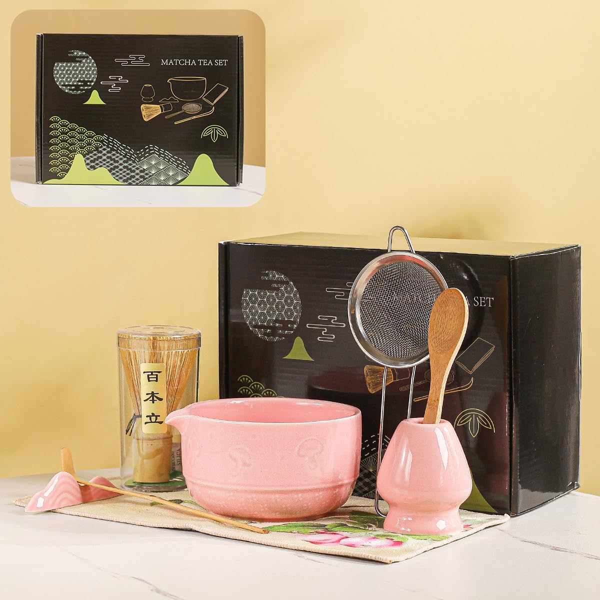 Matcha Set, 8-Piece Ceramic Matcha Bowl & Whisk Kit with Mushroom Pattern, Traditional Japanese Chawan, Bamboo Chasen, Scoop & Sifter, Gift for Tea Lovers, Zen Tea Ceremony Accessories (pink)