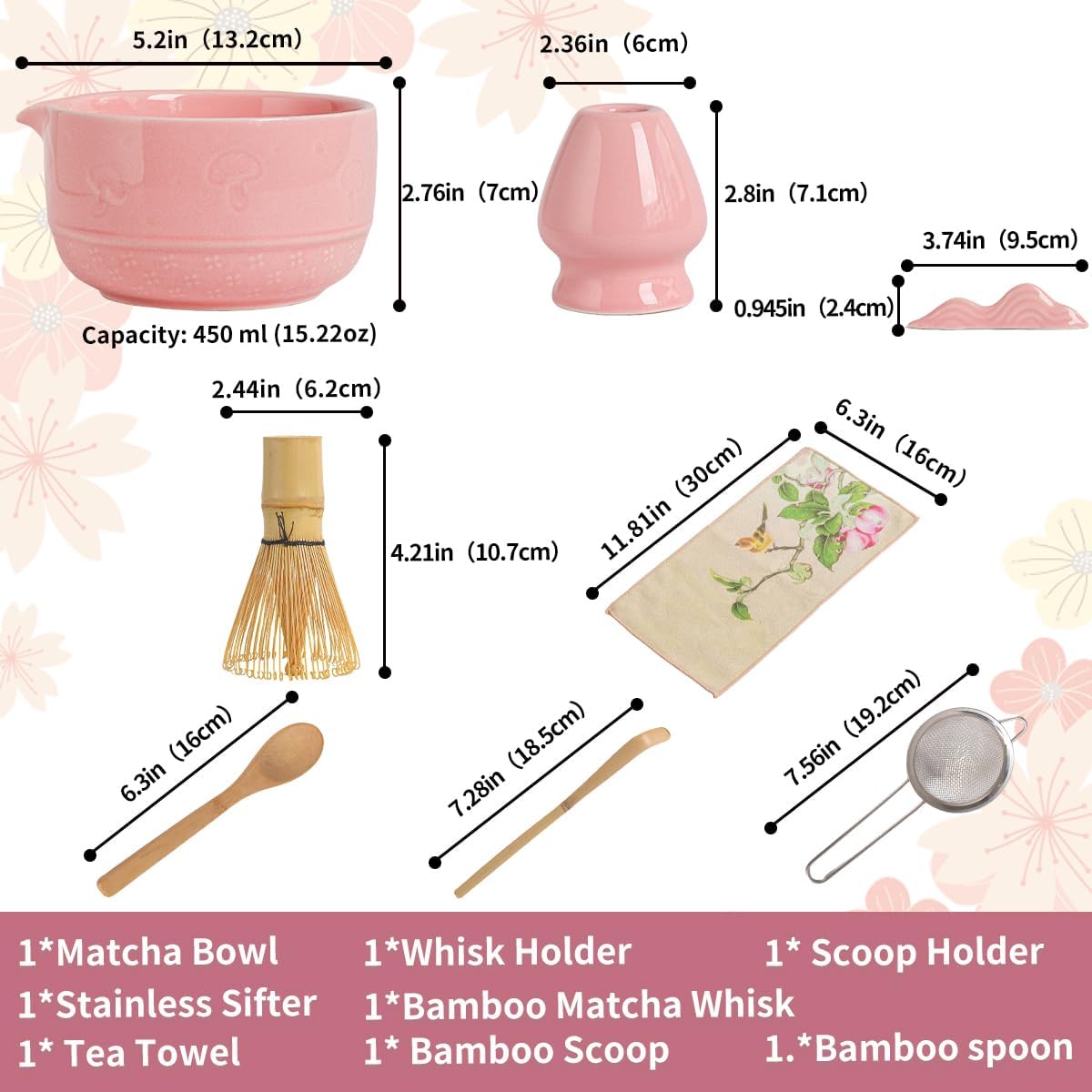 Matcha Set, 8-Piece Ceramic Matcha Bowl & Whisk Kit with Mushroom Pattern, Traditional Japanese Chawan, Bamboo Chasen, Scoop & Sifter, Gift for Tea Lovers, Zen Tea Ceremony Accessories (pink)