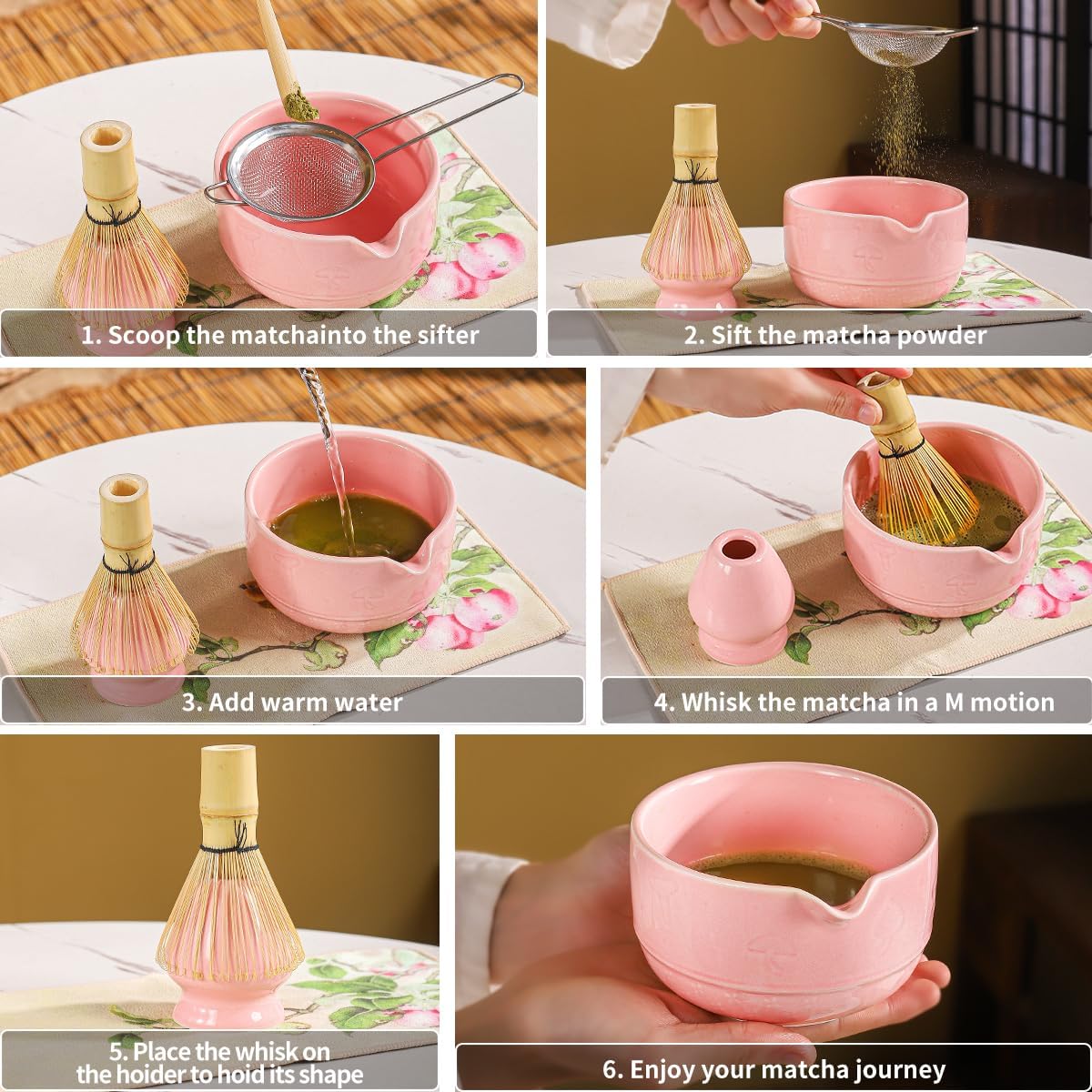 Matcha Set, 8-Piece Ceramic Matcha Bowl & Whisk Kit with Mushroom Pattern, Traditional Japanese Chawan, Bamboo Chasen, Scoop & Sifter, Gift for Tea Lovers, Zen Tea Ceremony Accessories (pink)