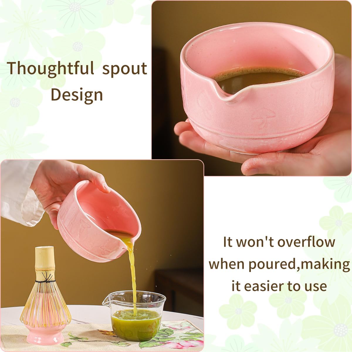 Matcha Set, 8-Piece Ceramic Matcha Bowl & Whisk Kit with Mushroom Pattern, Traditional Japanese Chawan, Bamboo Chasen, Scoop & Sifter, Gift for Tea Lovers, Zen Tea Ceremony Accessories (pink)