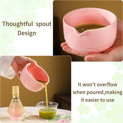 Matcha Set, 8-Piece Ceramic Matcha Bowl & Whisk Kit with Mushroom Pattern, Traditional Japanese Chawan, Bamboo Chasen, Scoop & Sifter, Gift for Tea Lovers, Zen Tea Ceremony Accessories (pink)
