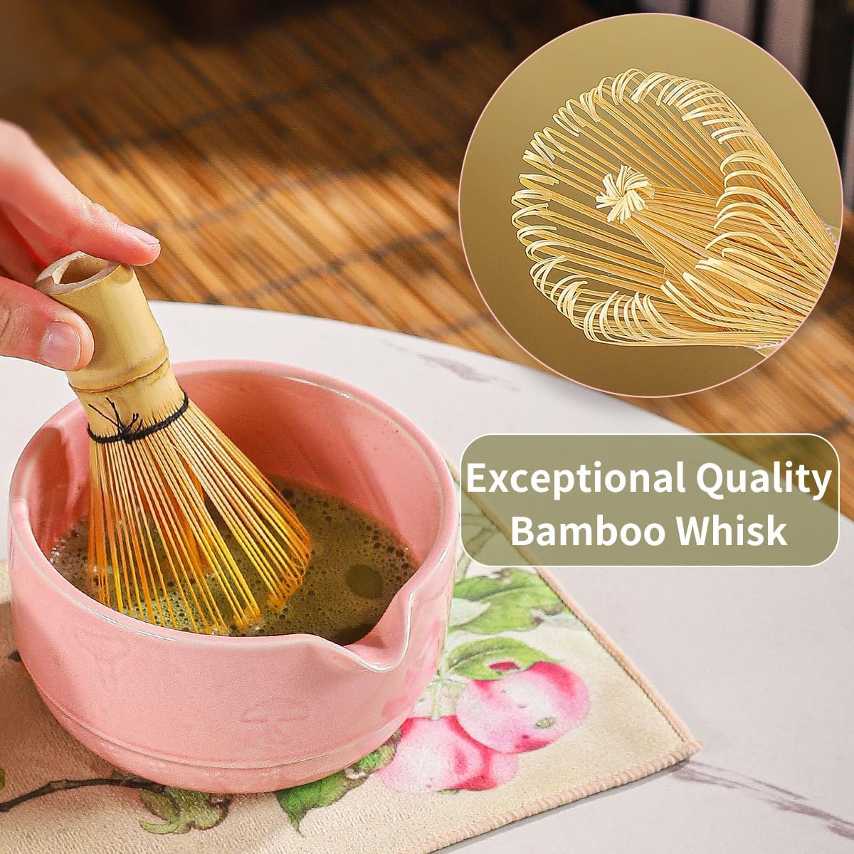 Matcha Set, 8-Piece Ceramic Matcha Bowl & Whisk Kit with Mushroom Pattern, Traditional Japanese Chawan, Bamboo Chasen, Scoop & Sifter, Gift for Tea Lovers, Zen Tea Ceremony Accessories (pink)