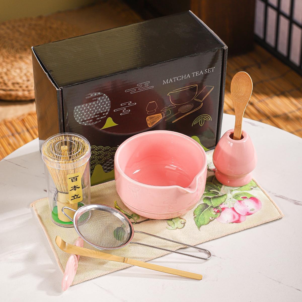 Matcha Set, 8-Piece Ceramic Matcha Bowl & Whisk Kit with Mushroom Pattern, Traditional Japanese Chawan, Bamboo Chasen, Scoop & Sifter, Gift for Tea Lovers, Zen Tea Ceremony Accessories (pink)
