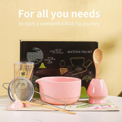 Matcha Set, 8-Piece Ceramic Matcha Bowl & Whisk Kit with Mushroom Pattern, Traditional Japanese Chawan, Bamboo Chasen, Scoop & Sifter, Gift for Tea Lovers, Zen Tea Ceremony Accessories (pink)